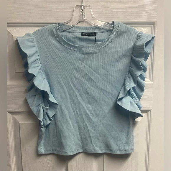 Zara Tops - NWT Zara Ribbed Ruffle Sleeve Cotton Blend Crop Top Size Large